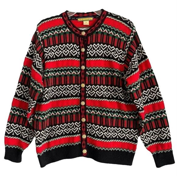 Bryn Connelly Vintage Cardigan Sweater Womens Medium All Over Hearts Red Black - Picture 1 of 8